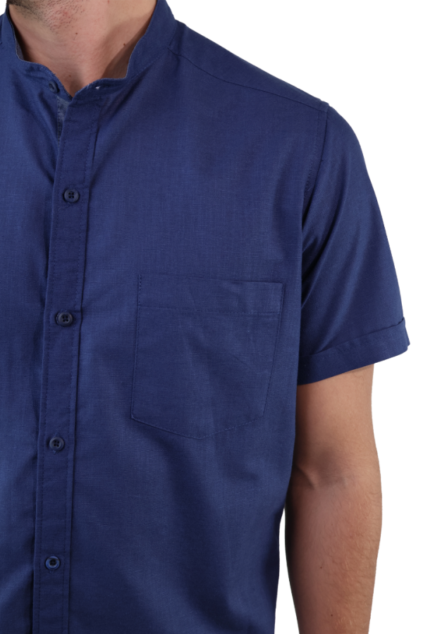 Camisa Look De Lino Manga Corta Azul Marino Cuello Mao Slim Fit Hombre